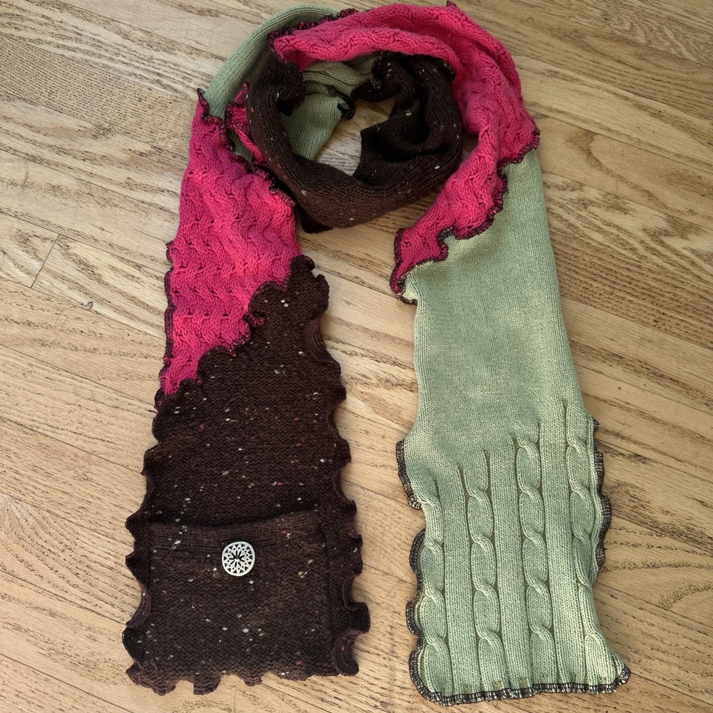 Poodles Ruffle Scarf Patchwork Knit Boho Eclectic Textured Green Brown Pink